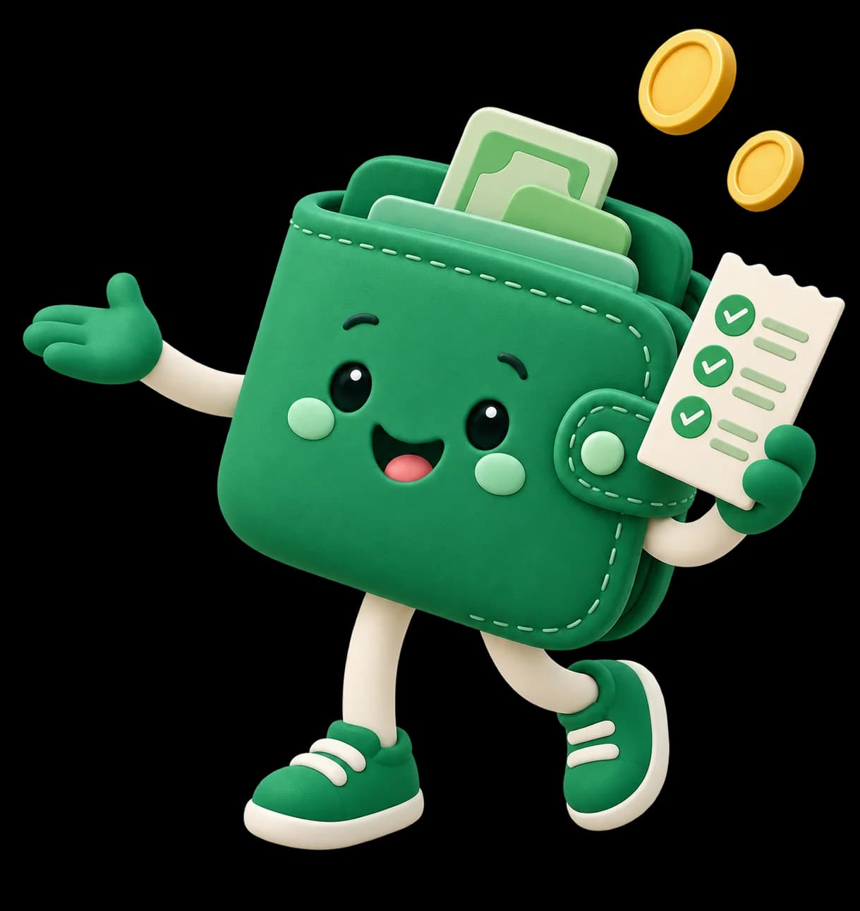 Maskot dompet Smoonly menunjukkan checklist keuangan yang sudah rapi